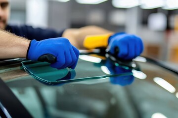 A close-up of two gloved hands carefully handling a windshield during replacement, showcasing automotive repair and safety with professional skill and precision tools.