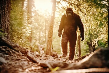 Naklejka premium A mysterious, large, and hairy figure walks through a lush forest during sunset, creating an enigmatic silhouette against the glowing background of golden light.