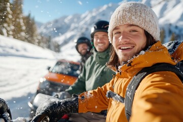 Fototapeta premium Three friends pose for a group photo amidst a stunning snowy landscape, enjoying a day out in nature's breathtaking beauty, showcasing the spirit of adventure.