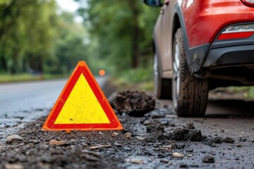 A red warning triangle is placed near a parked red car on a forest road surrounded by uneven terrain and soil, indicating ongoing construction work.