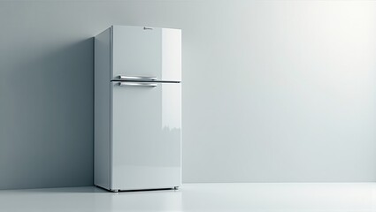 Minimalist white refrigerator with a top freezer, clean design, and modern handles, perfect for contemporary kitchen interiors. Generative, AI,