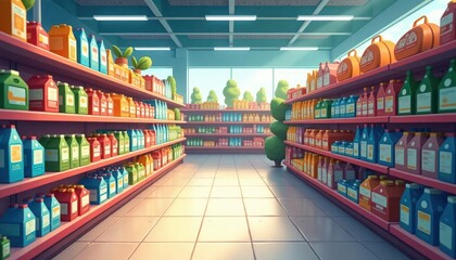 Colorful supermarket aisle filled with various products. Full shelves display colorful bottles, containers. Bright sunlight streams through windows. Serene, organized shopping environment is shown.