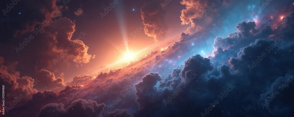 Poster Cosmic nebula with vibrant colors, many stars. Abstract view of galaxy with clouds of cosmic dust. View from space far away planet. Light from bright star shines through clouds of dust. Spectacular