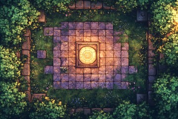 Aerial view of a glowing stone altar in a lush, overgrown garden.