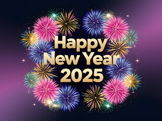 happy new year 2025 golden color text design with fireworks and sparkles festive background wallpaper