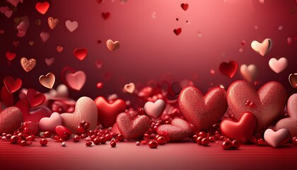 Obraz premium A vibrant assortment of hearts in various shades of red, scattered against a warm background, evoking love and celebration.