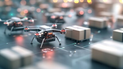 Obraz premium Drone delivery operations warehouse technology illustration industrial environment aerial view logistics innovation