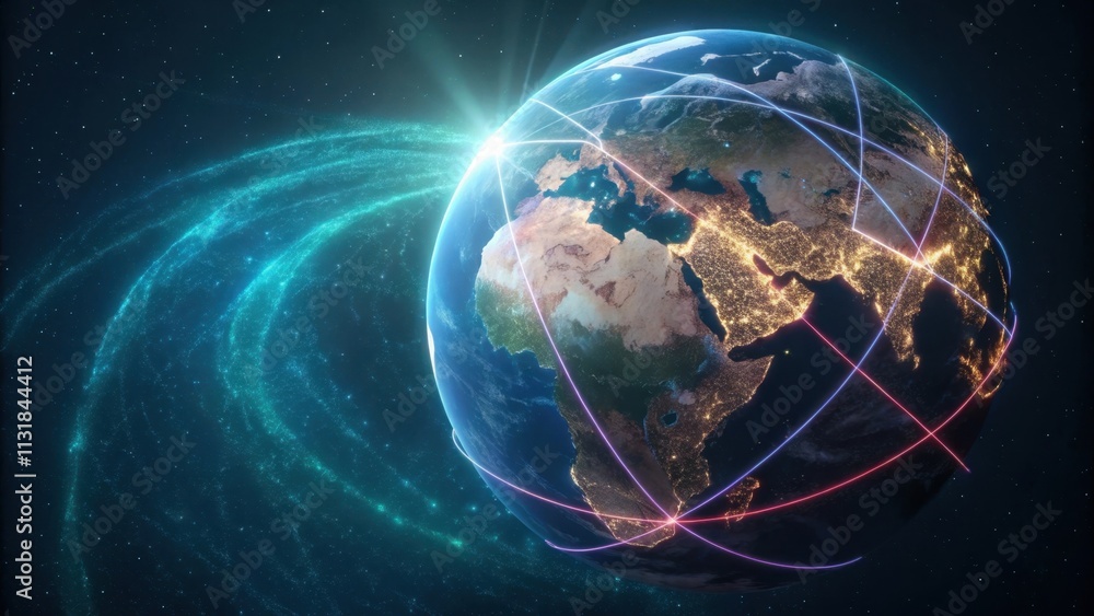 Poster planet earth rotating in space with glowing lines showing internet and data exchange connections bet