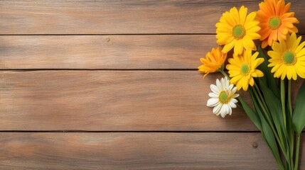 Obraz premium Vibrant yellow and white flower arrangement on wooden table nature still life bright and cheerful close-up view for home decor
