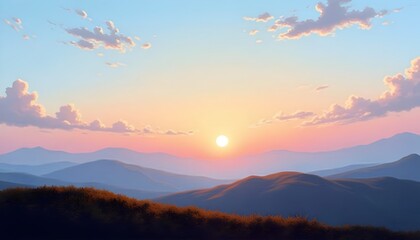 Obraz premium Serene Sunset Landscape Mountains, Sky, Clouds, Golden Hour, Peaceful Vista. Generated AI