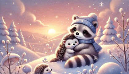 Obraz premium Heartwarming Winter Sunset with a Raccoon and Hedgehog Snuggled in a Cozy Snowy Landscape