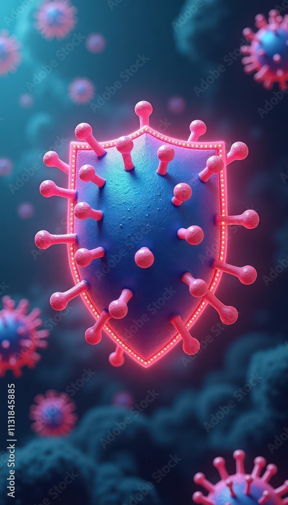 Aufkleber illustration shows virus protection shield. 3d model of immune system shield surrounds viruses. brig