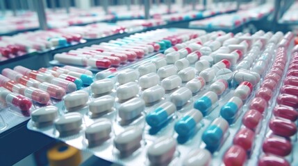 Obraz premium Pharmaceutical Plant: A plant for manufacturing medicines and medical products, adhering to strict quality control measures and maintaining clean room environments for safety. 