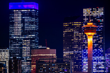 Skyscrapers and Calgary Tower at night