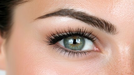 Obraz premium Close up of a Woman s Beautiful Eye Long Eyelashes Grey Iris Makeup Brow Skincare