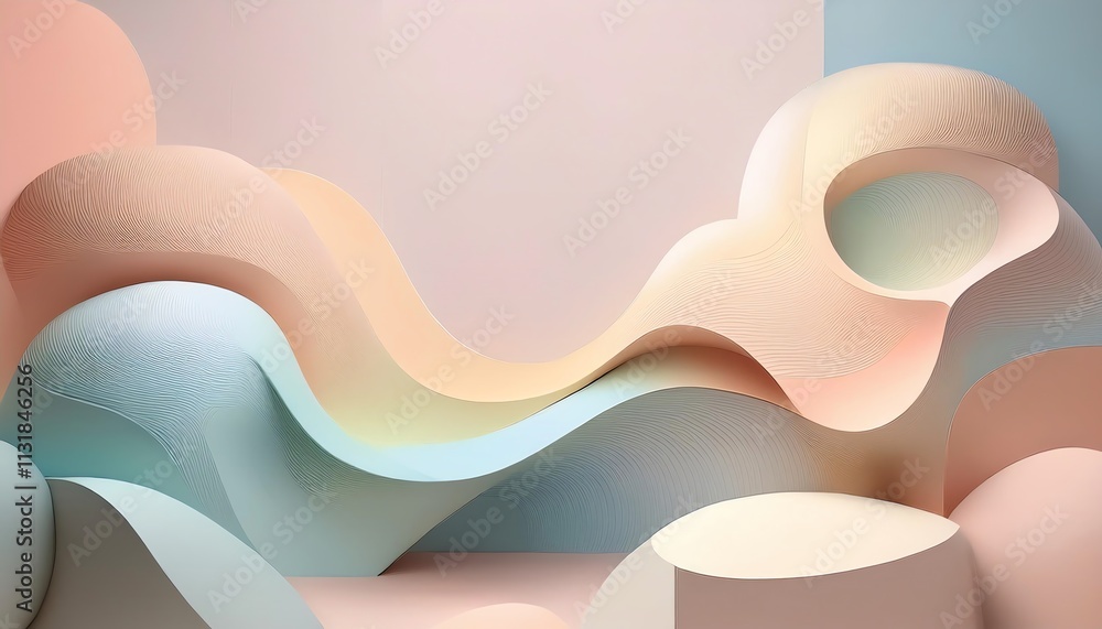 Poster a soft, abstract composition featuring flowing pastel shapes that create a serene and dreamy atmosph