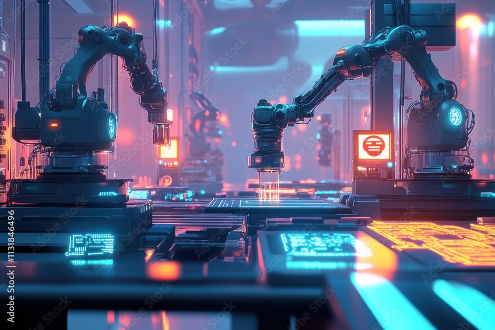 Poster futuristic robotic factory assembly line with glowing neon lights and advanced technology.