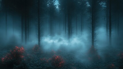 Eerie glowing plants in a misty, dark forest at night.