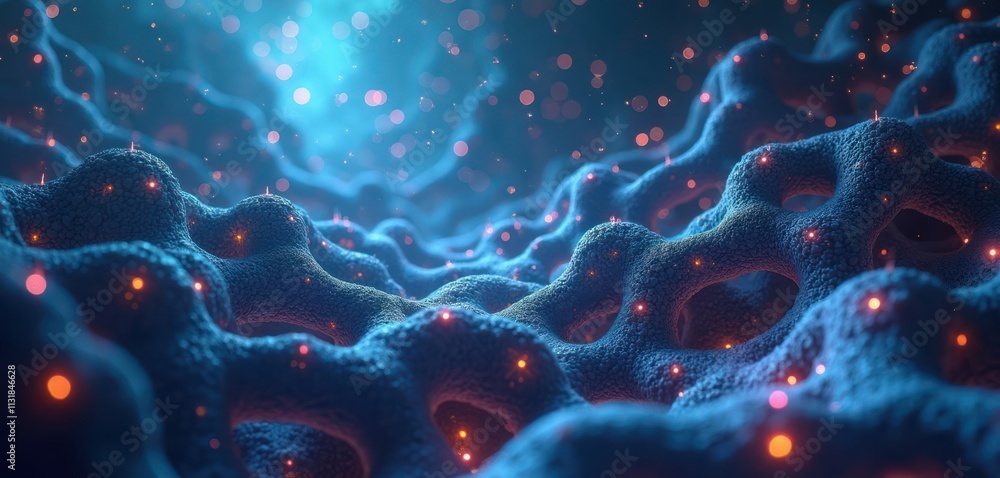 Poster Futuristic molecular structure with glowing details shows complex patterns. Abstract tech background perfect for biological science presentation. Modern design innovative bio-tech concepts. Chaotic