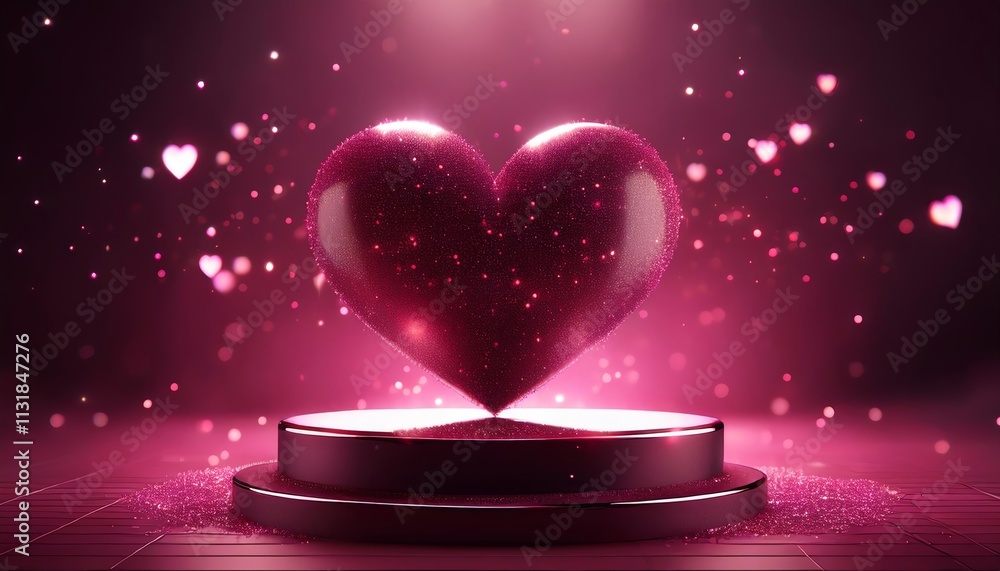 Poster a glossy heart illuminated by soft pink light, surrounded by sparkling particles and floating hearts