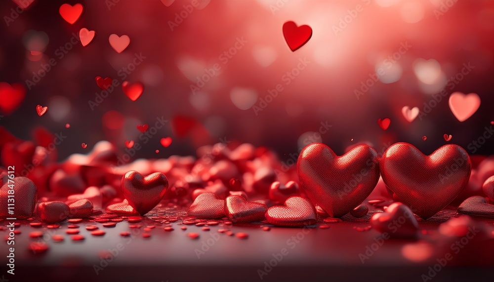 Poster a romantic scene filled with floating and scattered red hearts on a soft, blurred background, creati