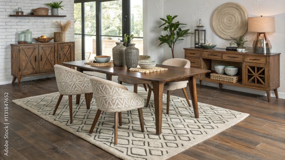 Poster a textured area rug lies beneath the dining table unifying the ensemble and adding warmth to the pol
