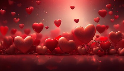 Obraz premium A vibrant scene filled with floating red hearts, creating a romantic and joyful atmosphere against a soft, glowing background.