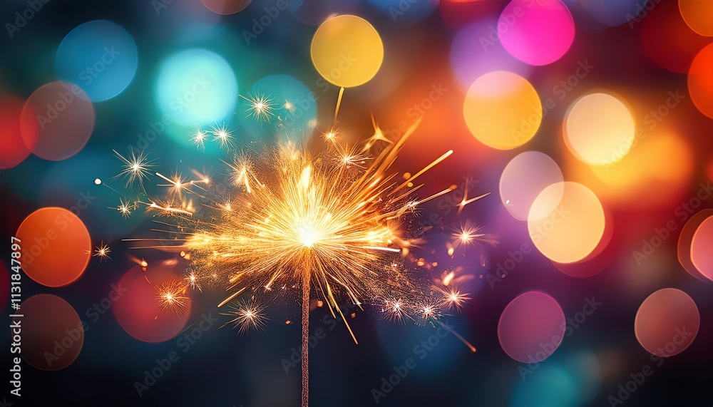 Poster a vibrant sparkler glows against a backdrop of colorful bokeh lights, creating a festive and celebra