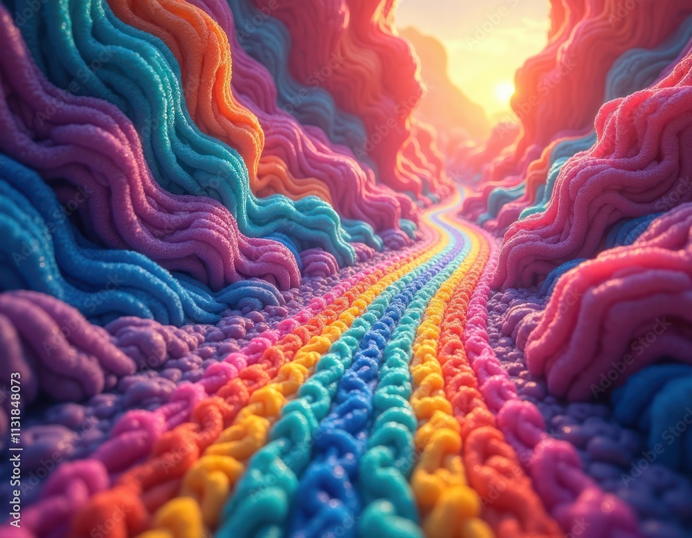 Poster abstract psychedelic rainbow pattern background. colorful wavy lines create pathway. image evokes su