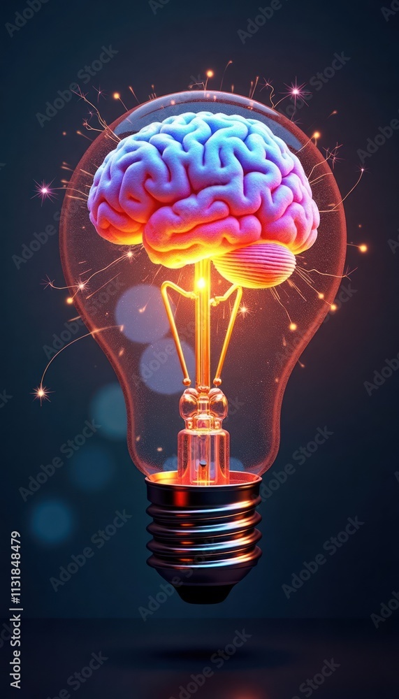 Poster creative lightbulb design with brain inside. colorful energy sparks burst around. innovative idea co