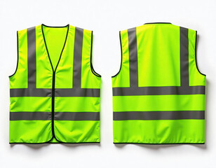 Bright neon green safety vest front, back view. Safety vest with reflective stripes. Visible zipper on front. Ideal for work site construction. Pro safety gear. High visibility for safety in outdoor