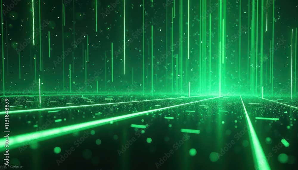 Leinwandbilder Neon green lines fall from sky. Abstract digital lines form futuristic path. Lines glowing with light. Modern tech style. Visual effect creates digital rain. Image evokes futuristic environment.