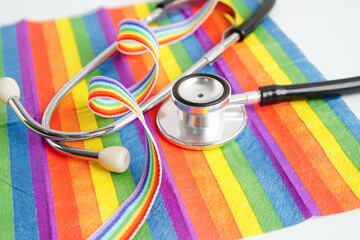 LGBT symbol, Stethoscope on rainbow flag, rights and gender equality, LGBT Pride Month in June.