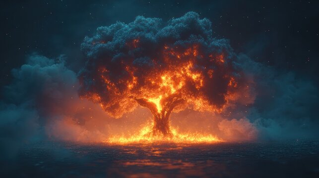 Fiery tree explosion in dark night.