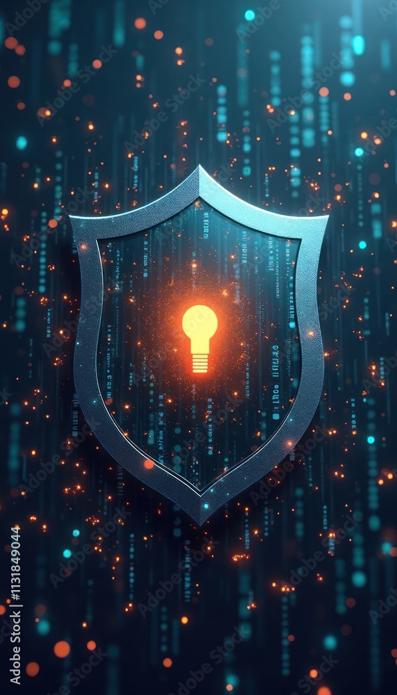 Fototapete Illustration shows tech shield with data protection. Light bulb inside shield innovation. Modern tech security concept. Digital security illustration. Secure data privacy. Cybersecurity illustration.