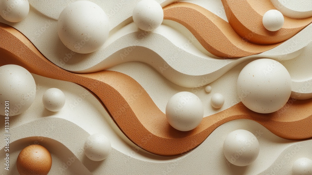 Poster An intricate arrangement of smooth curves and playful spheres creates a sense of fluidity and elegance. Warm shades blend harmoniously, inviting a tranquil ambiance