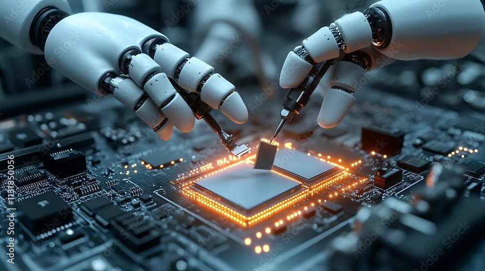Aufkleber robotic hands soldering a microchip on a circuit board.