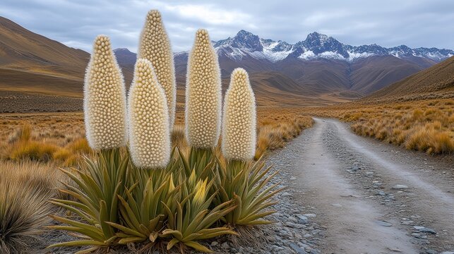 Fluffy white mountain plants by a dirt road.