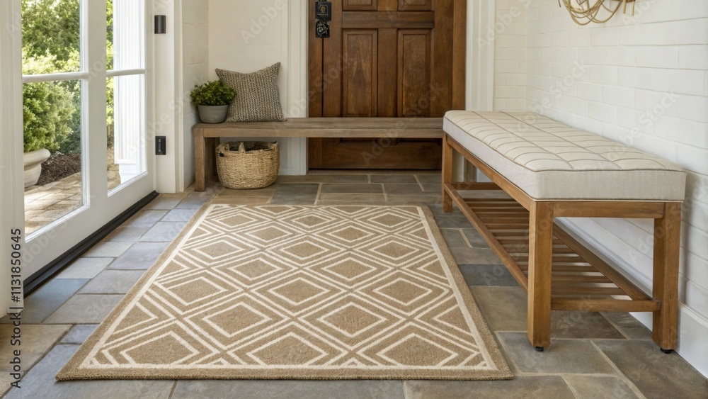 Poster a subtle area rug lies beneath the bench featuring a geometric pattern that adds a pop of texture an