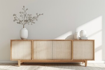 Bright Scandinavian living room interior with wood credenza and white decor for a minimalist and cozy modern design