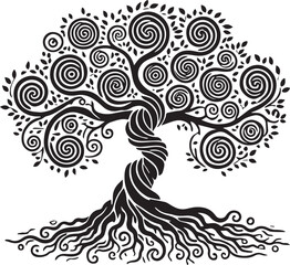 Fototapeta premium A tree with roots spiraling like corkscrews black vector silhouette