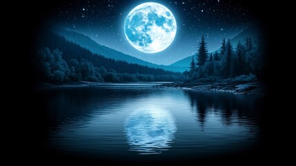 Naklejka premium Serene Night Full Moon Lake Forest Reflection
