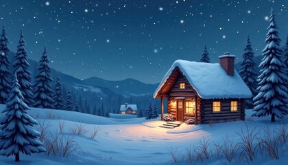 Fototapeta premium Cozy winter cabin nestled in snowy forest under starry night sky. Warm light shines from windows. Snowfall creates peaceful atmosphere. Scenic winter wonderland scene. Perfect for winter holidays