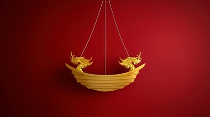 Obraz premium Golden Dragon Boat Chinese Symbol Prosperity Red Background Asian Culture Decoration