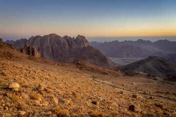 Sunrise over the desert viewed from the Sinai mountains.