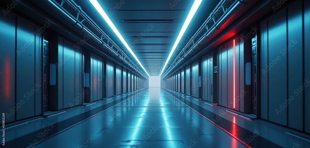 Aufkleber Futuristic corridor with minimalist design. Neon glow illuminates tech corridor. Industrial design elements create sci-fi background. Spaceship advanced tech facility. Modern minimalist interior.
