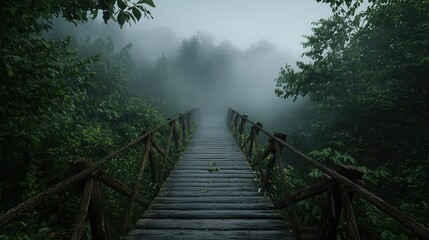 Fototapeta premium Dense fog wrapping a wooden footbridge in a forest, natural environment, tranquil moisture scene