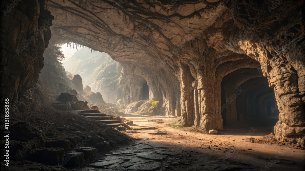 Aufkleber sunlight filters through the entrance of a massive cave, illuminating a path leading deeper into the