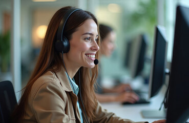 Friendly female call center worker focused on computer tasks in modern office. Wears headset, smiles. Workers visible in background, working at computers. Modern office setting. Possible scenarios