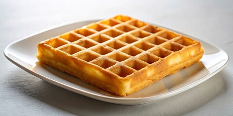 A golden-brown waffle rests on a pristine white plate, a simple yet delicious breakfast treat
